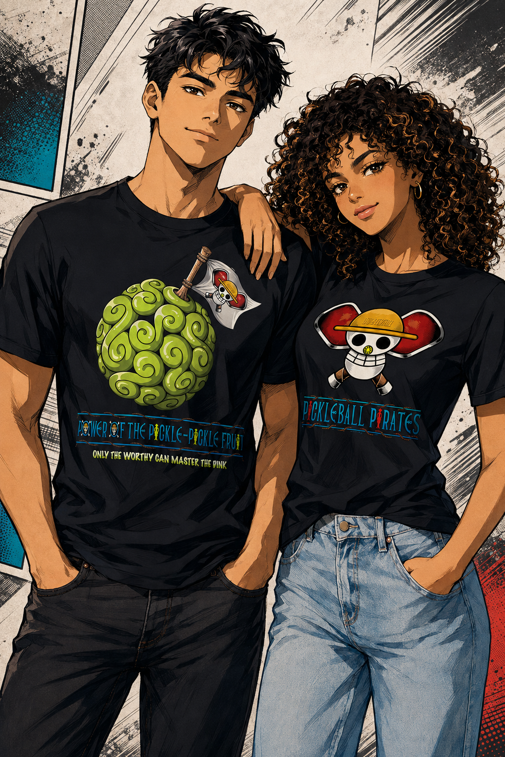 Anime-style male and female characters wearing Pickle-Pickle Fruit and Pickleball Pirates graphic T-shirts
