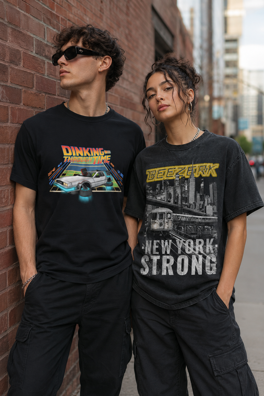 Male and female models wearing Dinking Through Time and Beezerk New York Strong graphic T-shirts in an urban setting