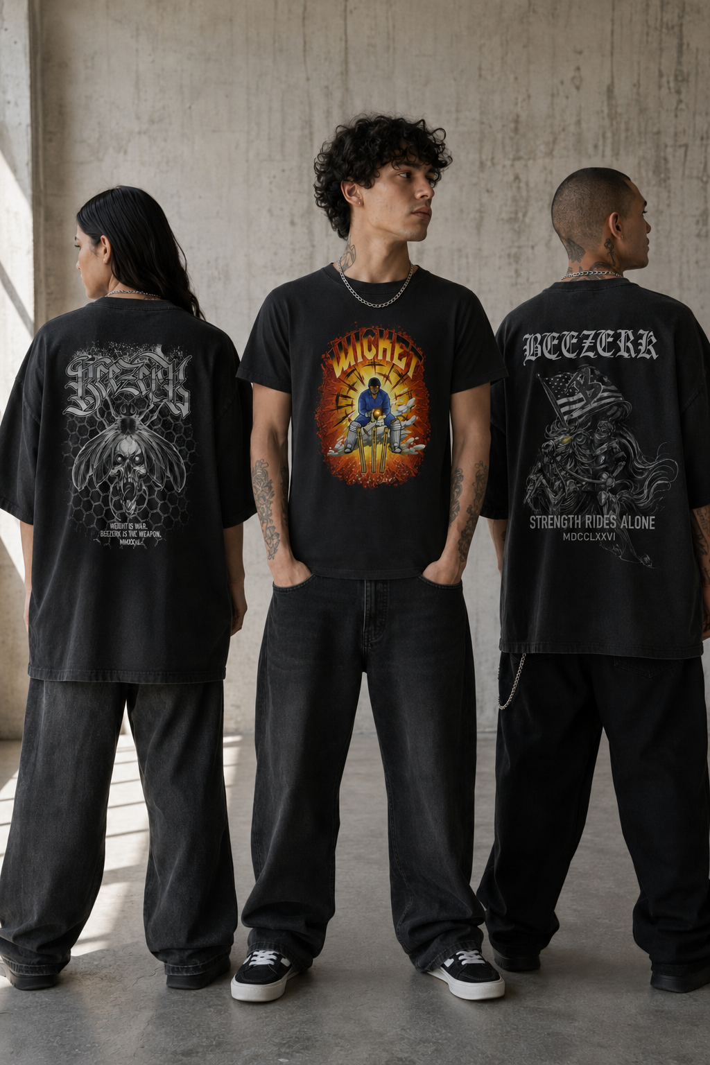Three models wearing graphic T-shirts featuring Beezerk skull-bee and skeletal horse back prints with a Wicket Guardian front print