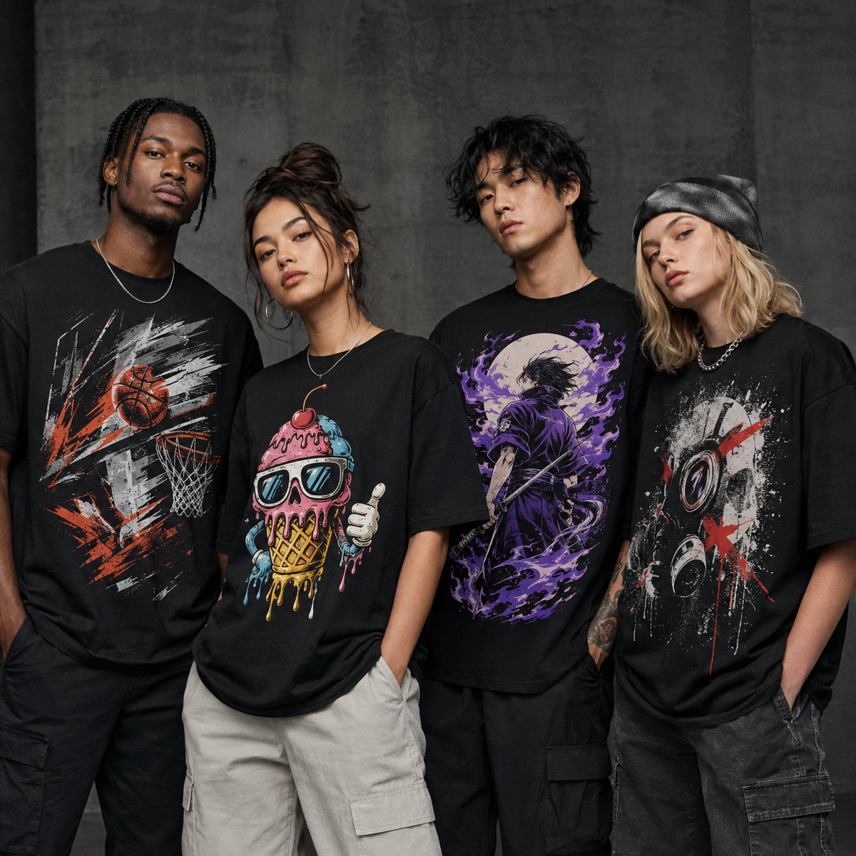Four diverse models wearing original sports, humor, anime-inspired and street-style graphic T-shirts