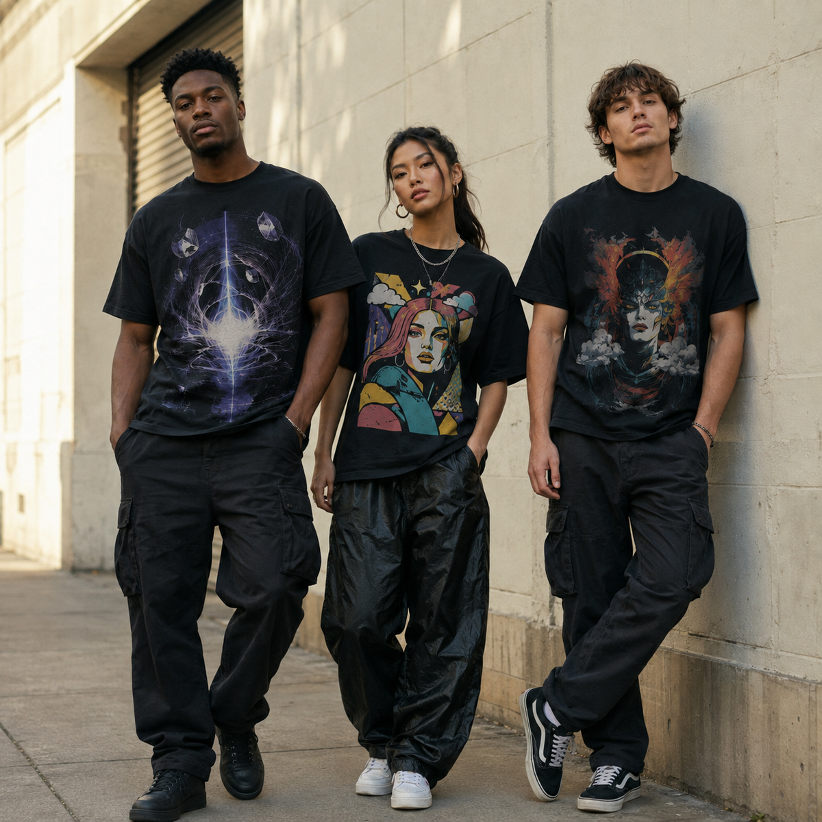 Three models wearing newly released original graphic T-shirts in an urban setting