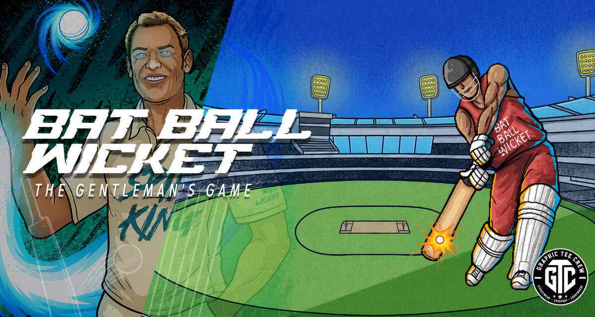Illustrated cricket batsman hitting a ball in a stadium for the Graphic Tee Crew cricket T-shirt collection