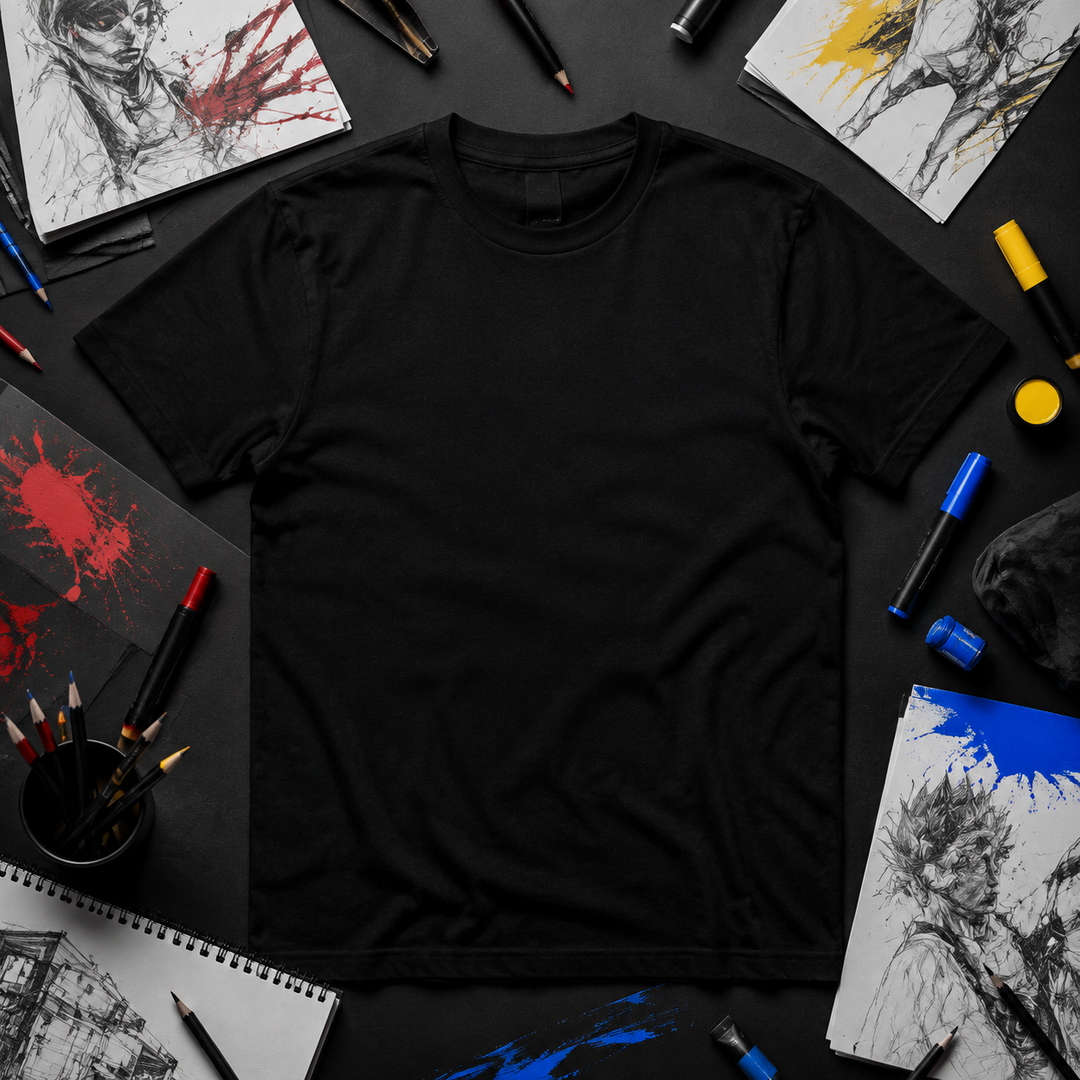 Blank black T-shirt surrounded by original artwork and design tools for Graphic Tee Crew customer design submissions