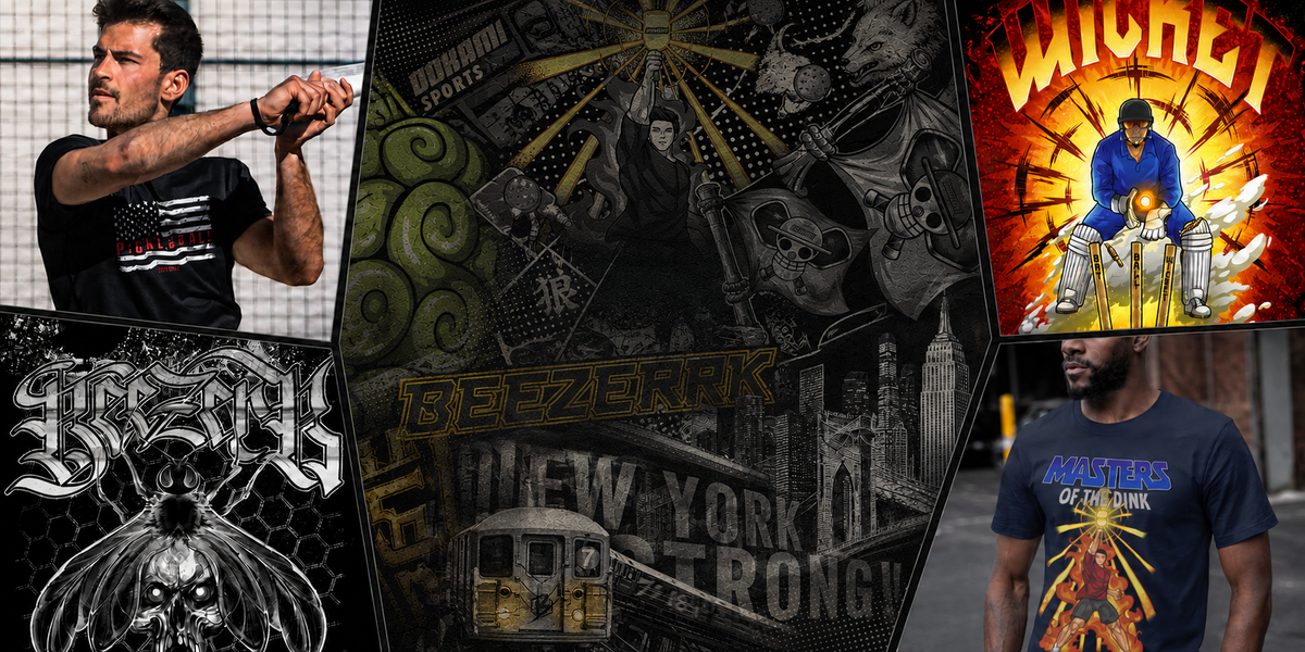 A collage of multiple graphic apparel designs and band/poster-style artwork, including a man wearing a black graphic shirt, a large black-and-gray New York-themed graphic, a fiery red/orange 'Wicked' style graphic, and a man wearing a blue 'Masters of the Arena' shirt.