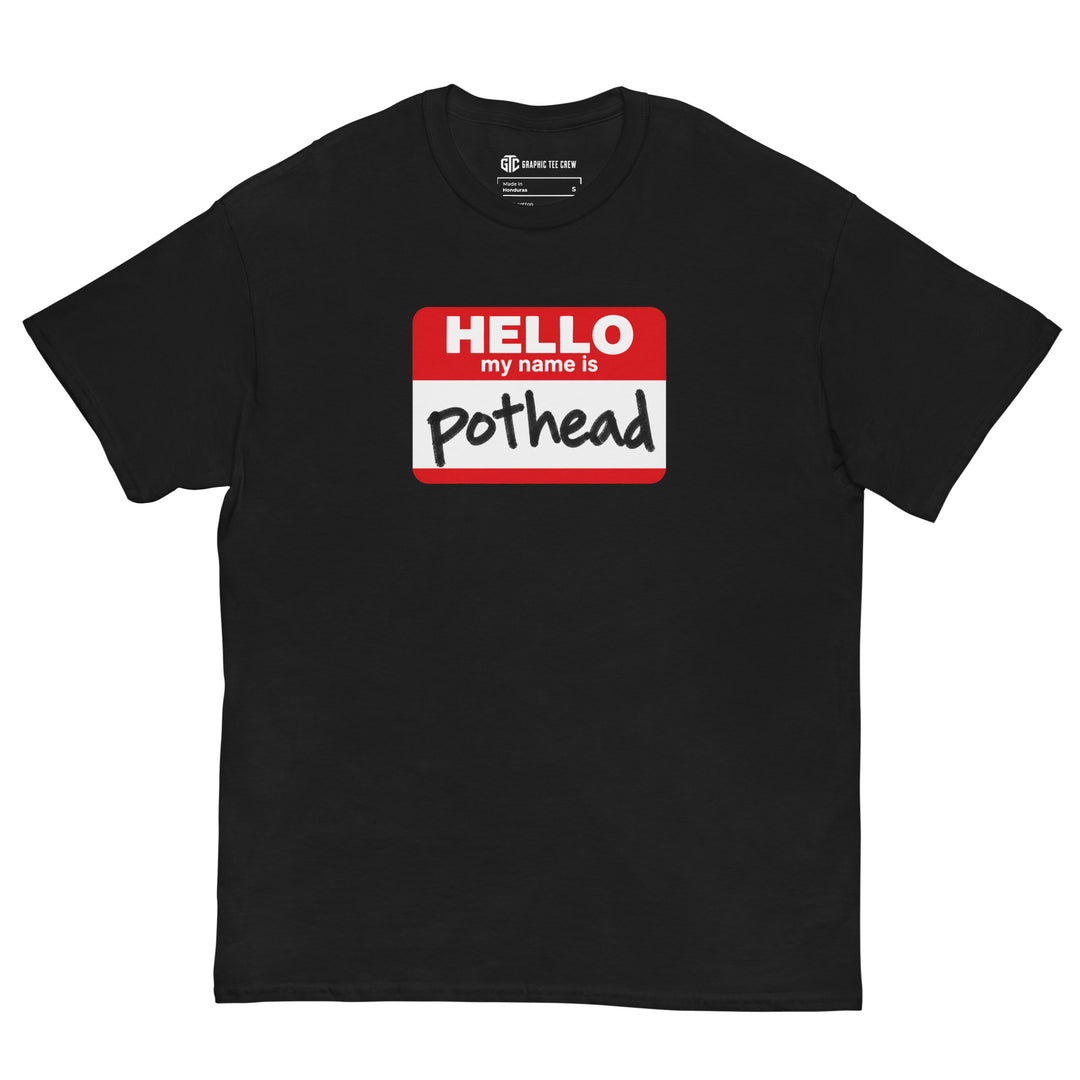 Hello My Name Is Pothead graphic tee with red name tag and handwritten black marker design