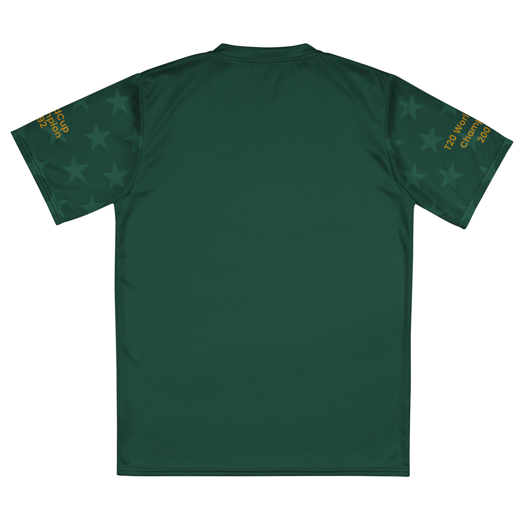Pakistan Legacy Cricket Jersey in dark green featuring Pakistan lettering, star graphics and 1992 World Cup and 2009 T20 championship sleeve details