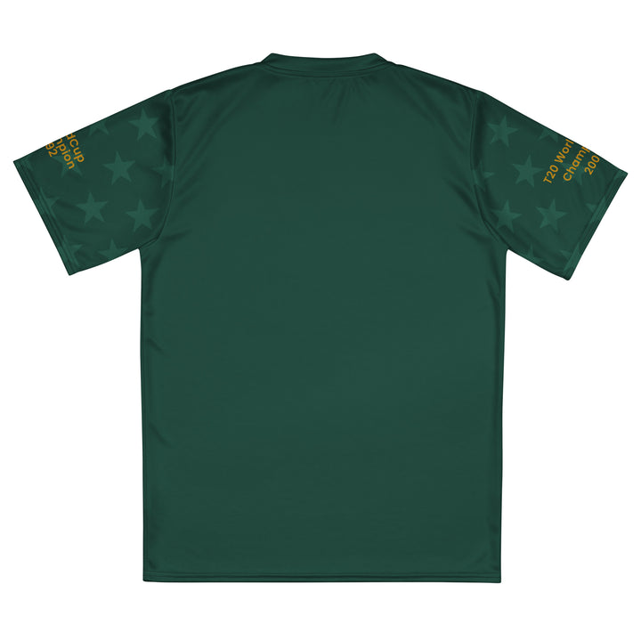 Pakistan Legacy Cricket Jersey in dark green featuring Pakistan lettering, star graphics and 1992 World Cup and 2009 T20 championship sleeve details