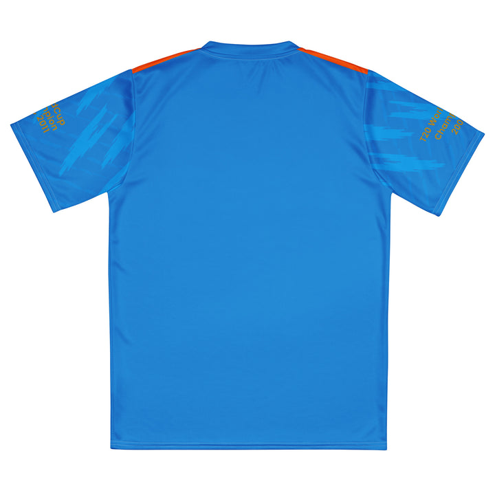 India Legacy Cricket Jersey in blue featuring India lettering and 2007 T20 and 2011 World Cup championship sleeve details