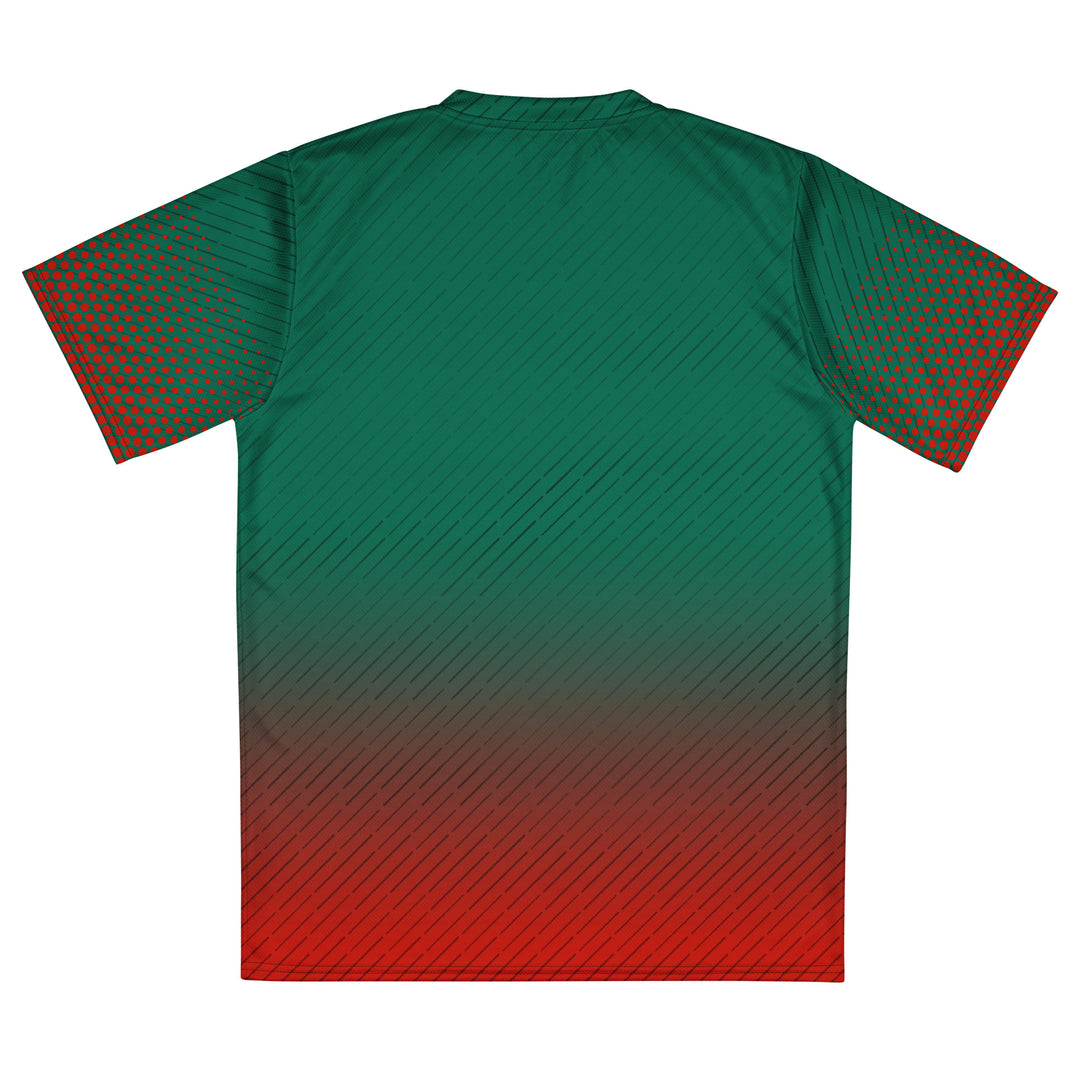 Bangladesh Legacy Cricket Jersey featuring a green-to-red design, Bangladesh lettering, tiger crest-style emblem and red halftone sleeves