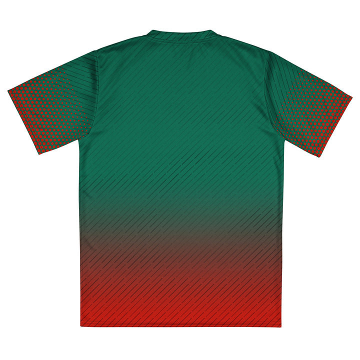 Bangladesh Legacy Cricket Jersey featuring a green-to-red design, Bangladesh lettering, tiger crest-style emblem and red halftone sleeves