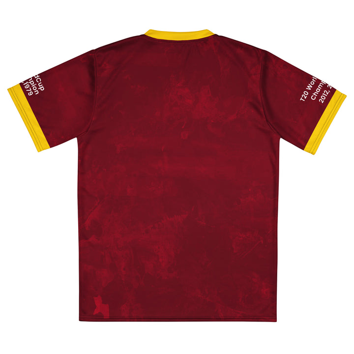 West Indies Legacy Cricket Jersey in maroon and gold featuring West Indies lettering and 1975, 1979, 2012 and 2016 championship sleeve details