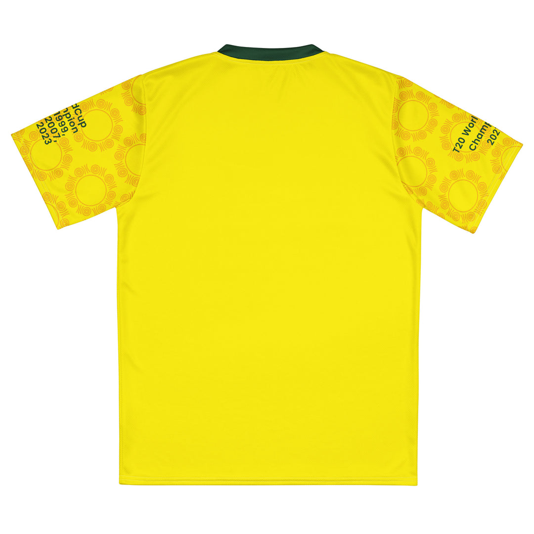 Australia Legacy Cricket Jersey in yellow and green featuring Australia lettering and seven Cricket World Cup and T20 championship years on the sleeves