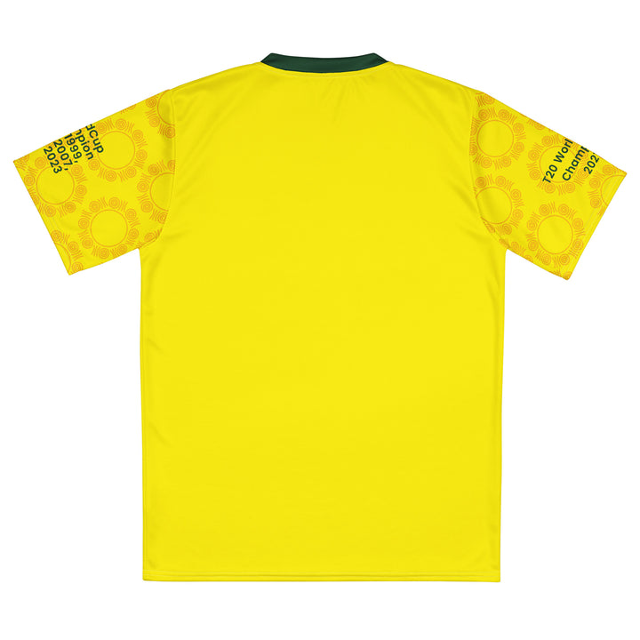 Australia Legacy Cricket Jersey in yellow and green featuring Australia lettering and seven Cricket World Cup and T20 championship years on the sleeves