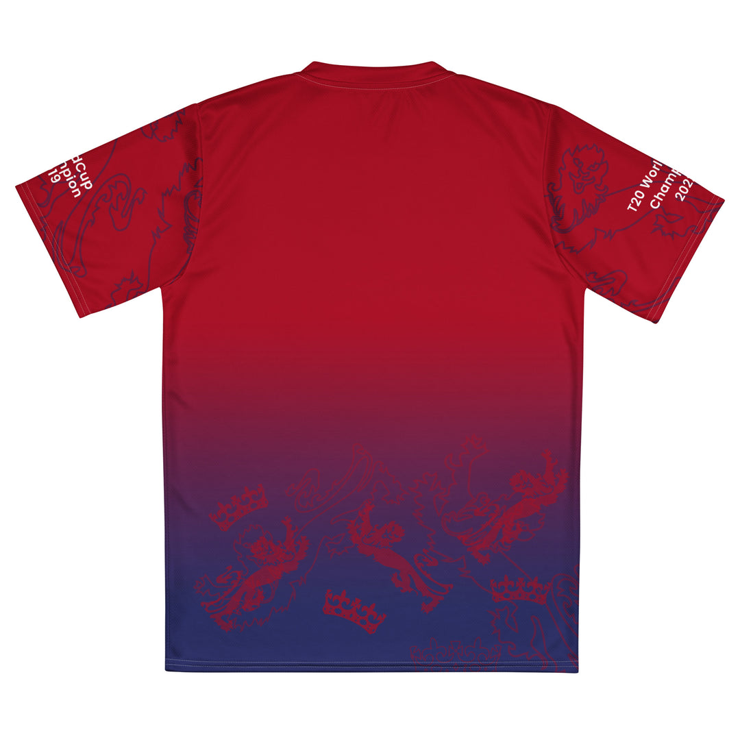 England Legacy Cricket Jersey in red and navy featuring England lettering, lion-and-crown graphics and 2010, 2019 and 2022 championship sleeve details