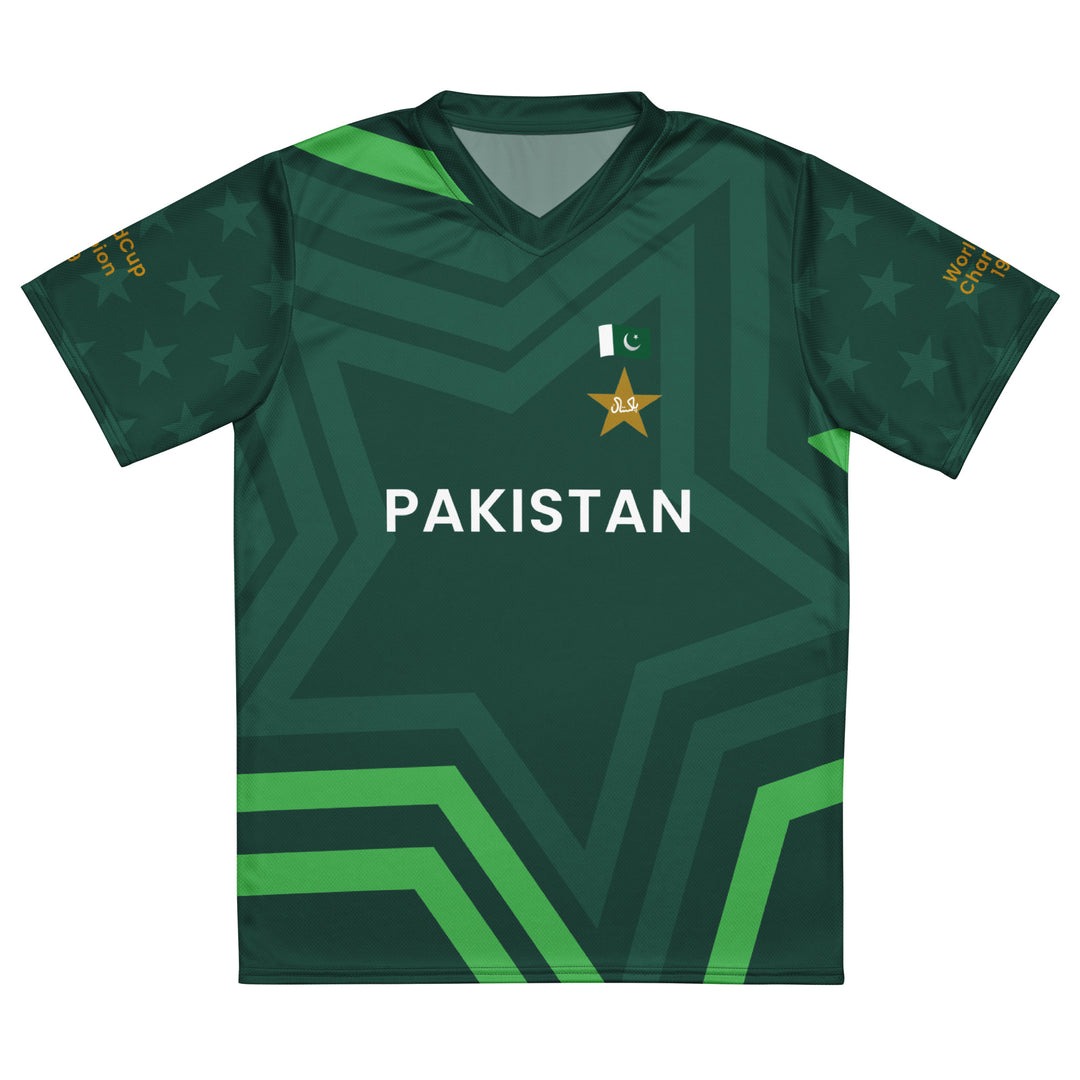 Pakistan Legacy Cricket Jersey in dark green featuring Pakistan lettering, star graphics and 1992 World Cup and 2009 T20 championship sleeve details