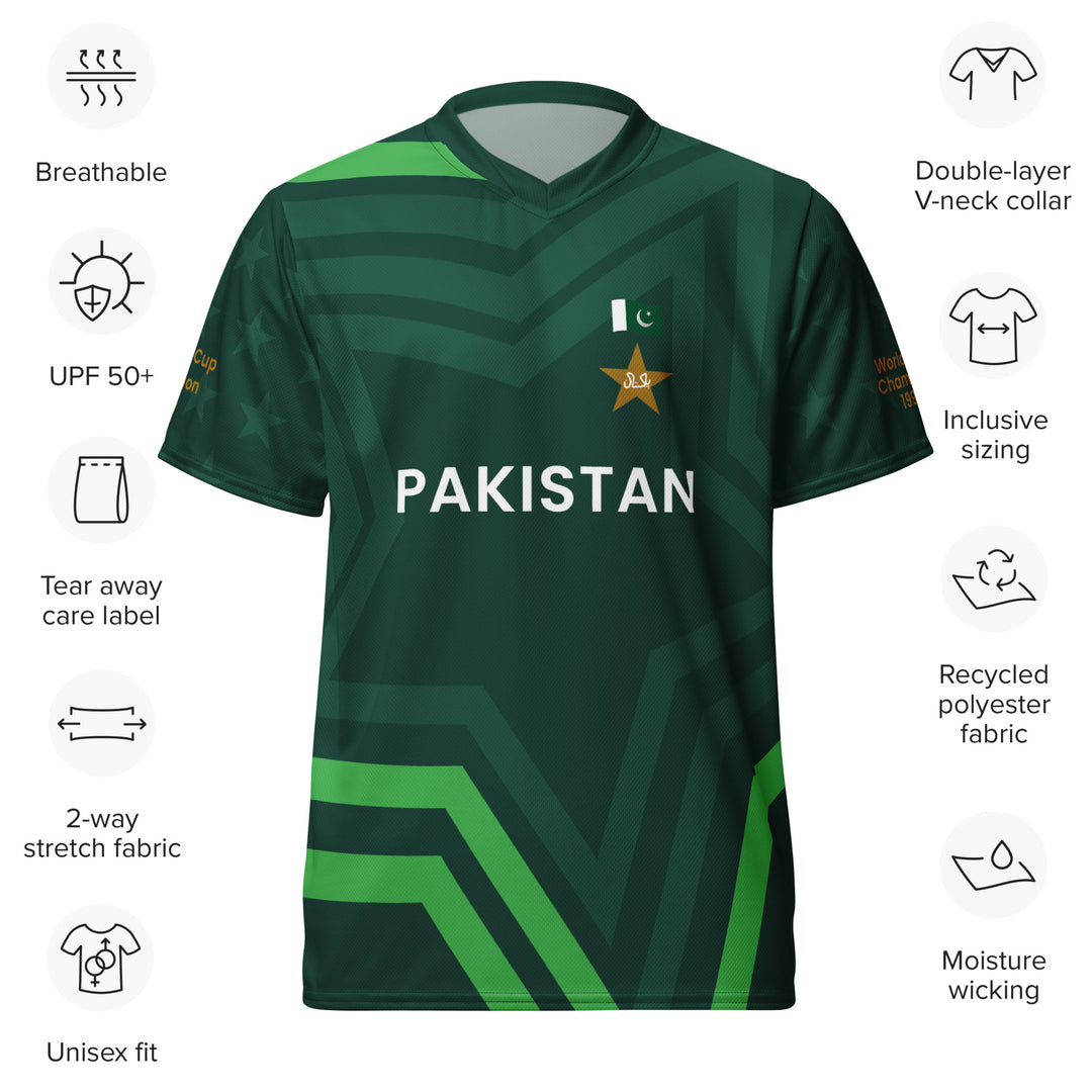 Pakistan Legacy Cricket Jersey in dark green featuring Pakistan lettering, star graphics and 1992 World Cup and 2009 T20 championship sleeve details