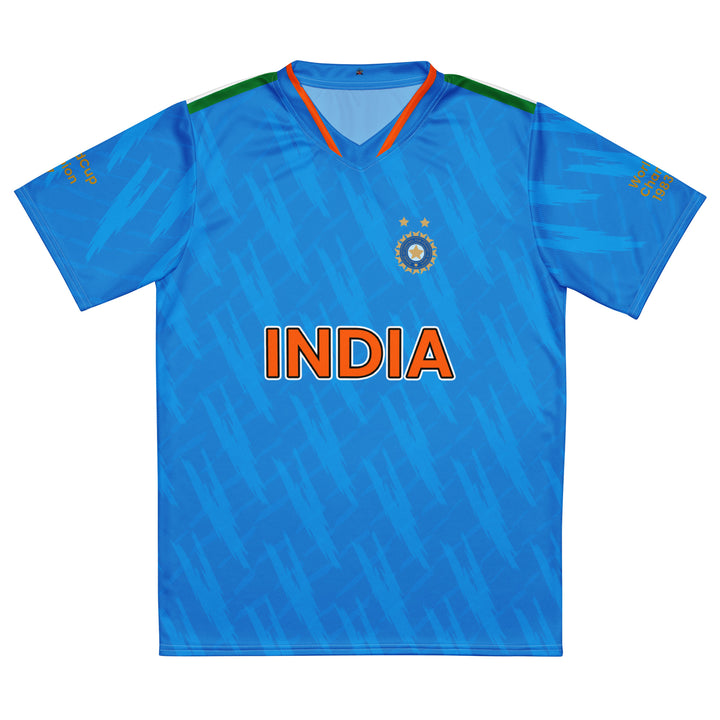India Legacy Cricket Jersey in blue featuring India lettering and 2007 T20 and 2011 World Cup championship sleeve details