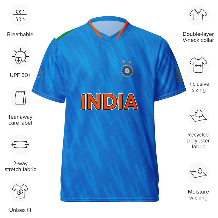 India Legacy Cricket Jersey in blue featuring India lettering and 2007 T20 and 2011 World Cup championship sleeve details