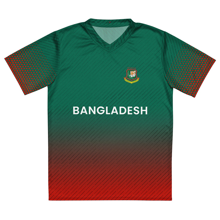 Bangladesh Legacy Cricket Jersey featuring a green-to-red design, Bangladesh lettering, tiger crest-style emblem and red halftone sleeves