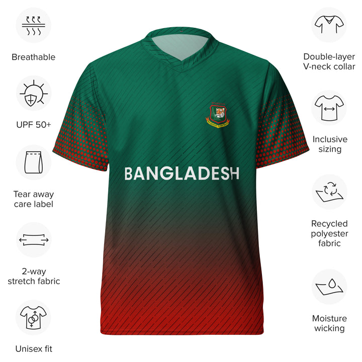 Bangladesh Legacy Cricket Jersey featuring a green-to-red design, Bangladesh lettering, tiger crest-style emblem and red halftone sleeves