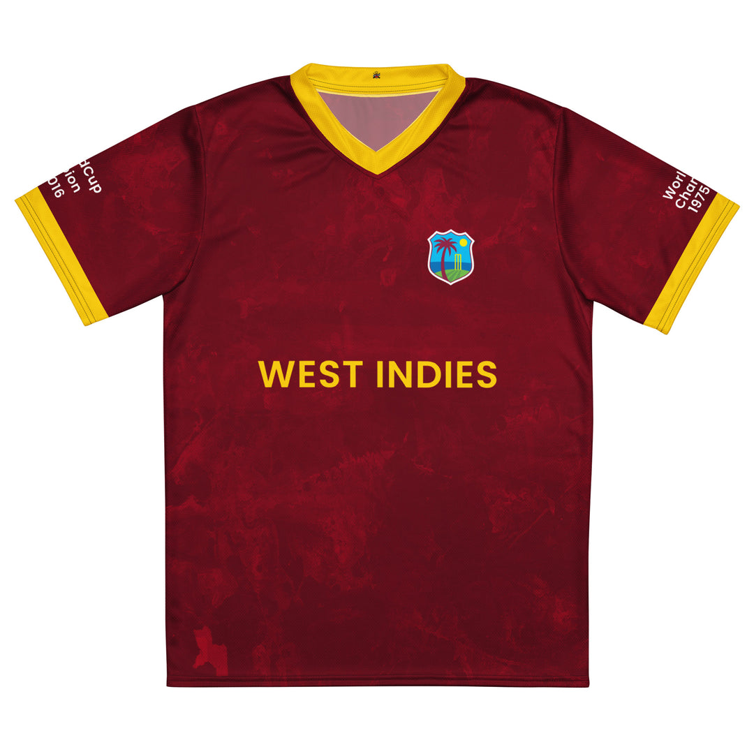 West Indies Legacy Cricket Jersey in maroon and gold featuring West Indies lettering and 1975, 1979, 2012 and 2016 championship sleeve details