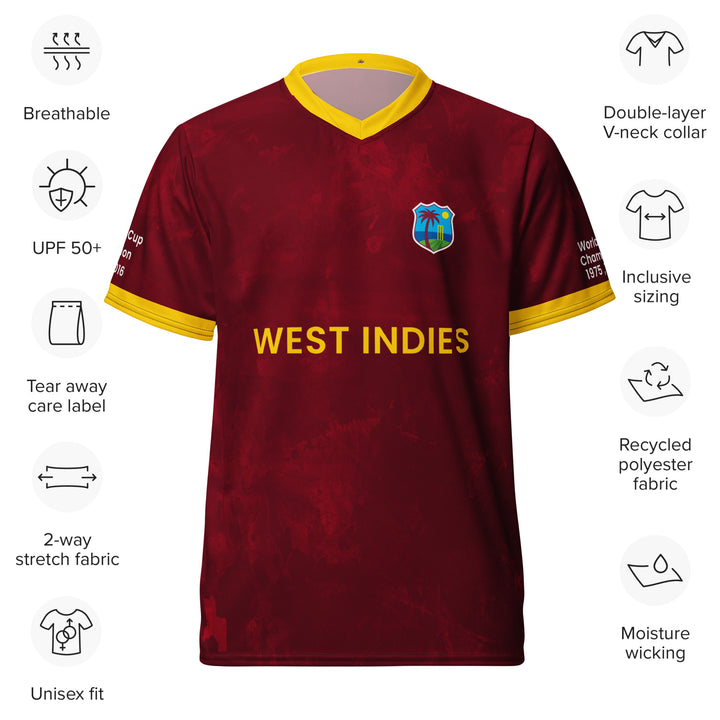 West Indies Legacy Cricket Jersey in maroon and gold featuring West Indies lettering and 1975, 1979, 2012 and 2016 championship sleeve details