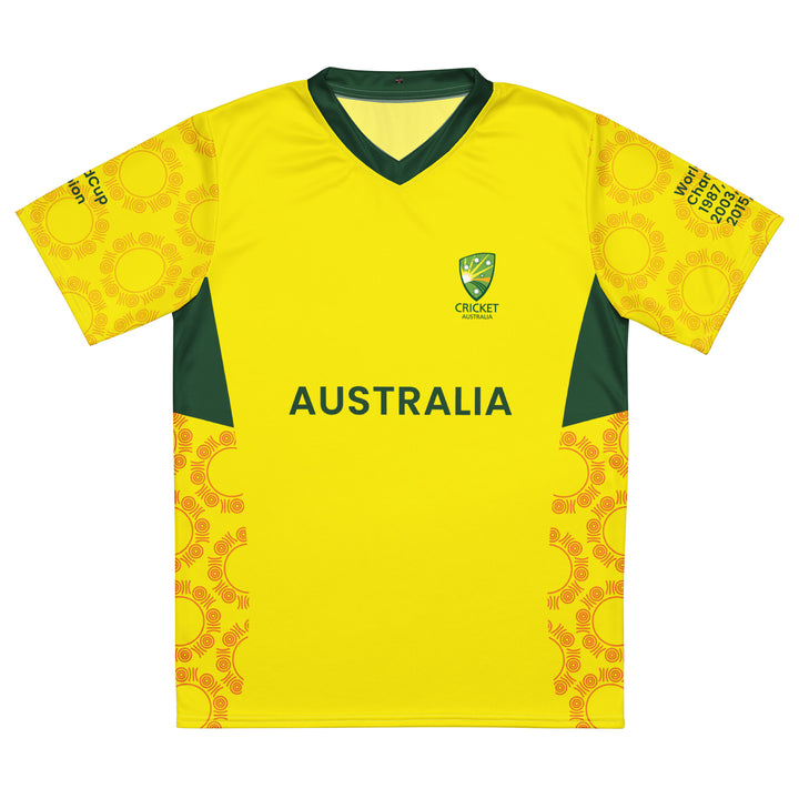 Australia Legacy Cricket Jersey in yellow and green featuring Australia lettering and seven Cricket World Cup and T20 championship years on the sleeves