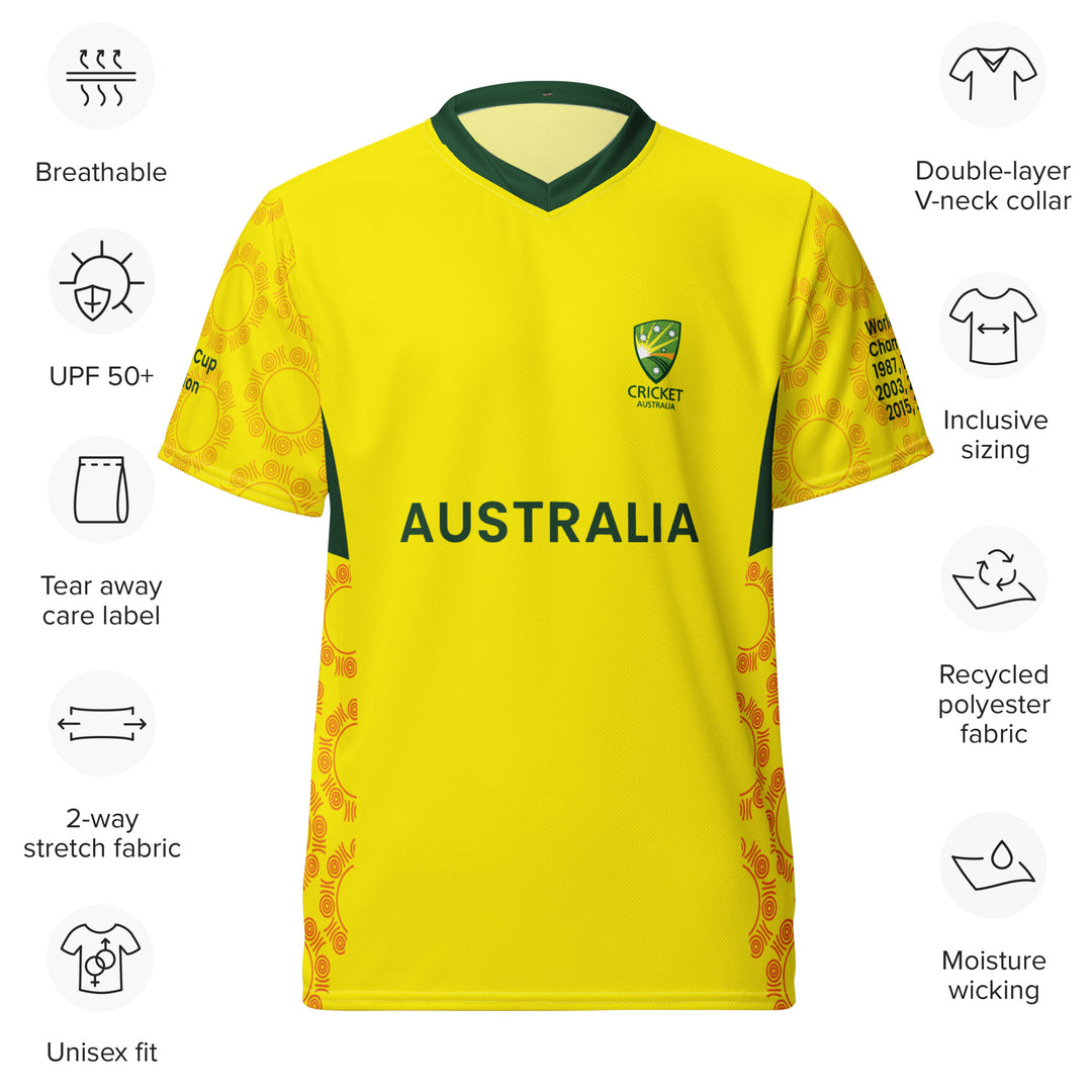 Australia Legacy Cricket Jersey in yellow and green featuring Australia lettering and seven Cricket World Cup and T20 championship years on the sleeves