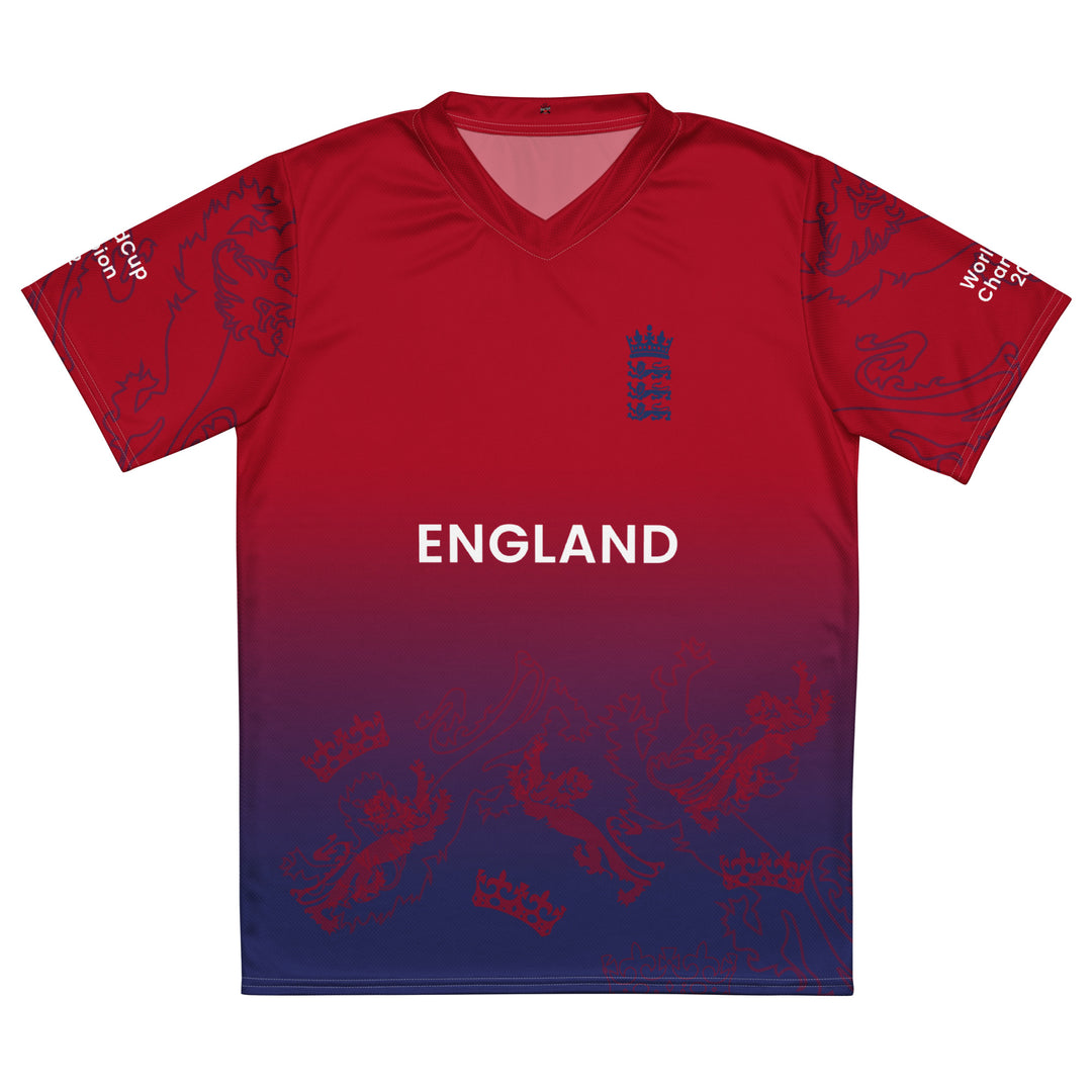 England Legacy Cricket Jersey in red and navy featuring England lettering, lion-and-crown graphics and 2010, 2019 and 2022 championship sleeve details
