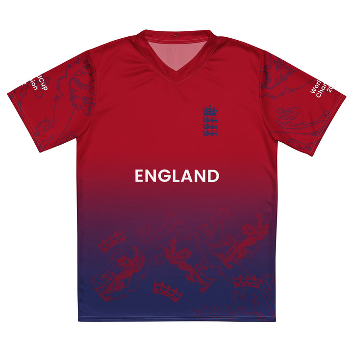 England Legacy Cricket Jersey in red and navy featuring England lettering, lion-and-crown graphics and 2010, 2019 and 2022 championship sleeve details