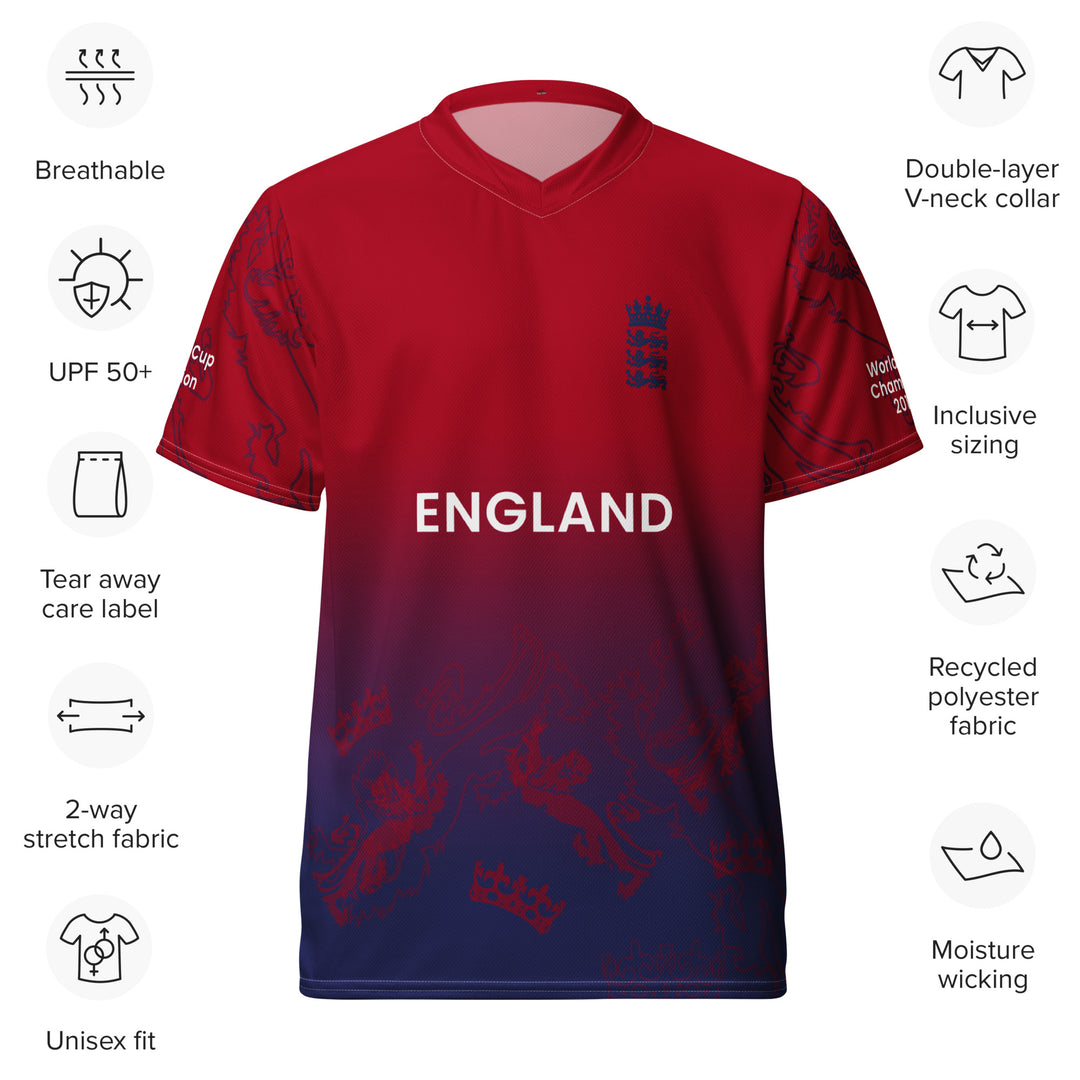 England Legacy Cricket Jersey in red and navy featuring England lettering, lion-and-crown graphics and 2010, 2019 and 2022 championship sleeve details
