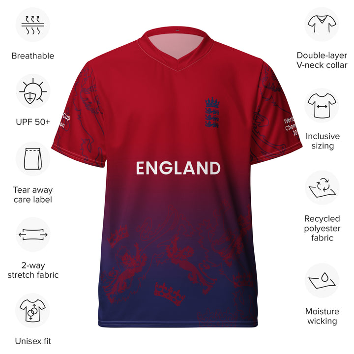 England Legacy Cricket Jersey in red and navy featuring England lettering, lion-and-crown graphics and 2010, 2019 and 2022 championship sleeve details