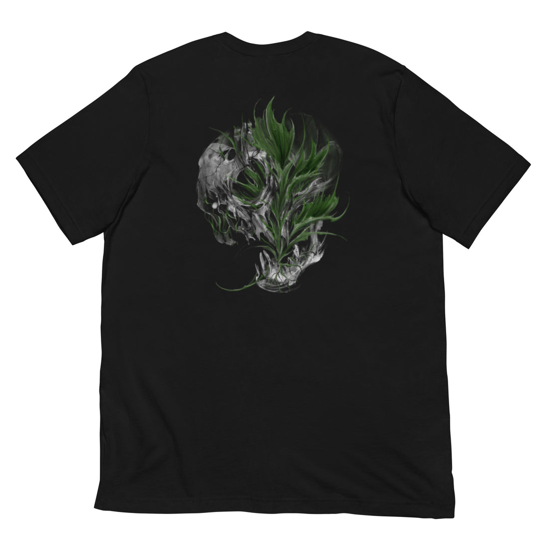 Black skull graphic tee with large cracked skull and green botanical back artwork