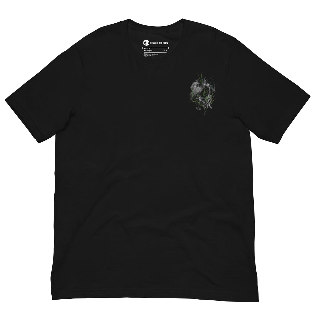 Black Green Skull Bloom graphic tee with small botanical skull chest print