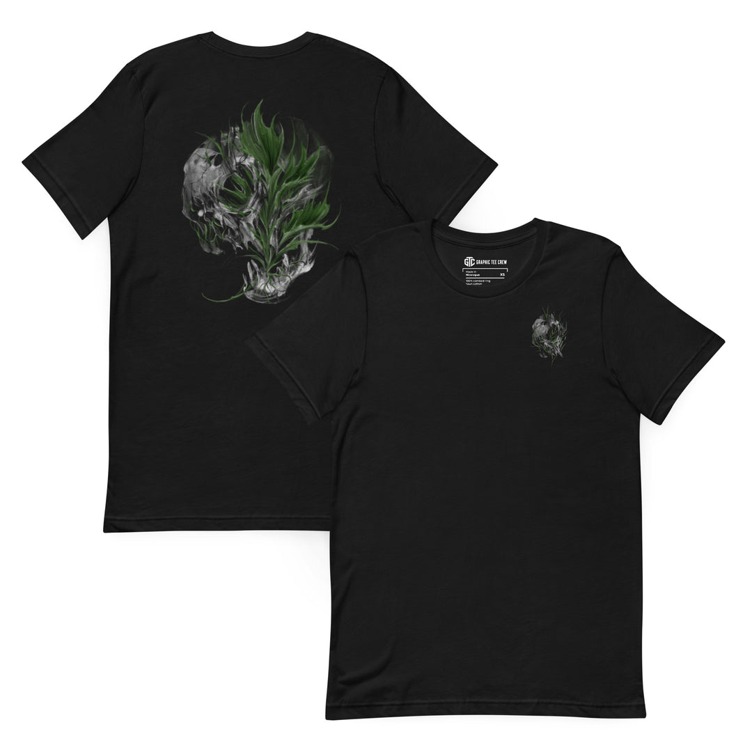 Black skull graphic tee with green botanical skull artwork, small front chest print and large back design