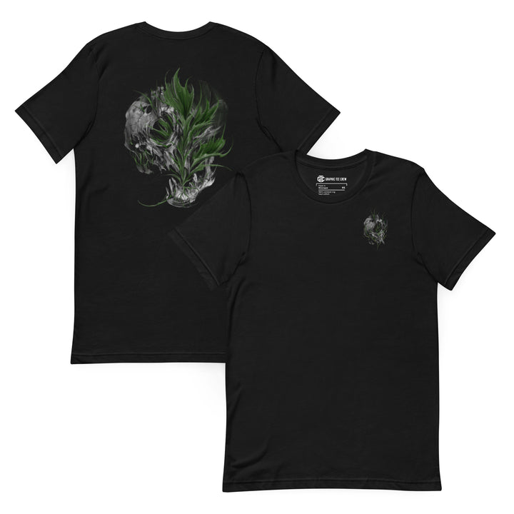 Black skull graphic tee with green botanical skull artwork, small front chest print and large back design
