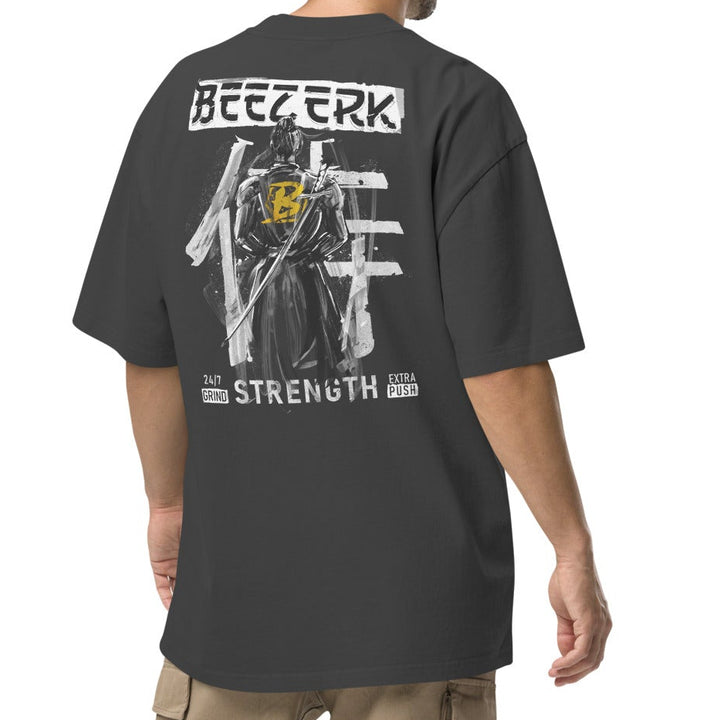 Beezerk Samurai Strength faded gym T-shirt with a distressed kanji front graphic and sword-wielding samurai warrior back print