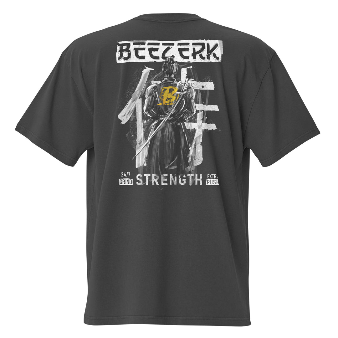 Beezerk Samurai Strength faded gym T-shirt with a distressed kanji front graphic and sword-wielding samurai warrior back print