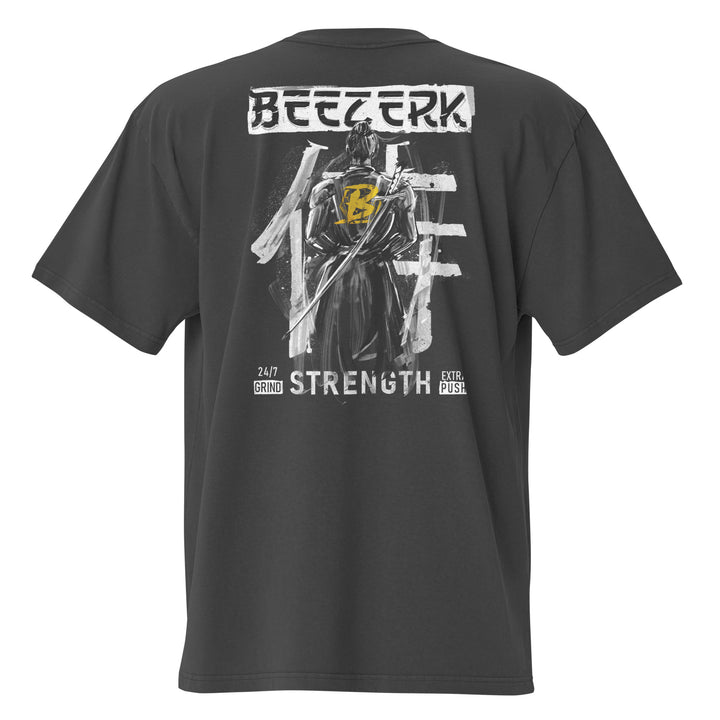 Beezerk Samurai Strength faded gym T-shirt with a distressed kanji front graphic and sword-wielding samurai warrior back print