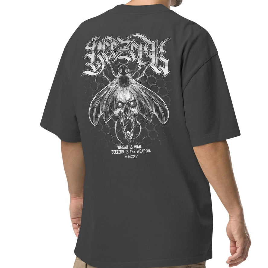 Beezerk Weight Is War faded gym T-shirt with a gothic front logo and skull-faced bee over a honeycomb pattern on the back