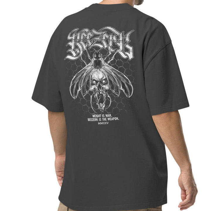Beezerk Weight Is War faded gym T-shirt with a gothic front logo and skull-faced bee over a honeycomb pattern on the back