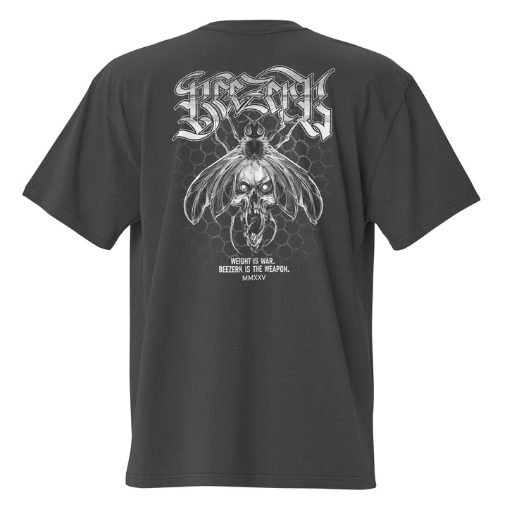 Beezerk Weight Is War faded gym T-shirt with a gothic front logo and skull-faced bee over a honeycomb pattern on the back