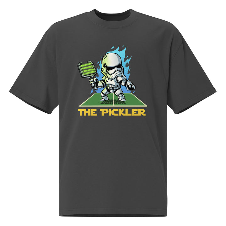 The Pickler faded pickleball T-shirt featuring a cartoon white-armored stormtrooper holding a green paddle with blue flames and court graphic