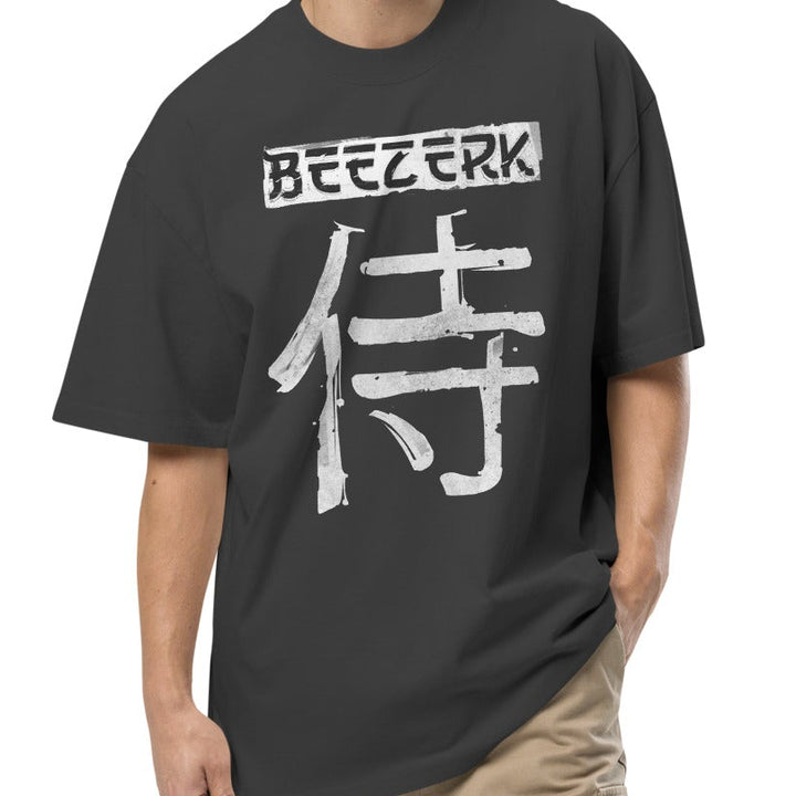 Beezerk Samurai Strength faded gym T-shirt with a distressed kanji front graphic and sword-wielding samurai warrior back print