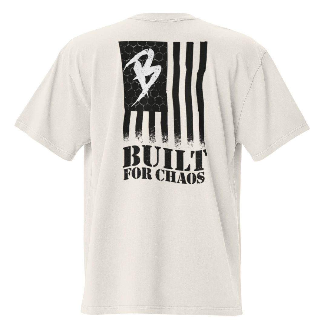 Beezerk Built for Chaos faded bone gym T-shirt with a distressed flag-inspired emblem, honeycomb pattern and large back print