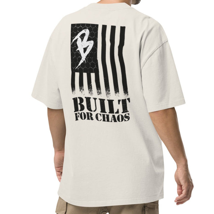 Beezerk Built for Chaos faded bone gym T-shirt with a distressed flag-inspired emblem, honeycomb pattern and large back print