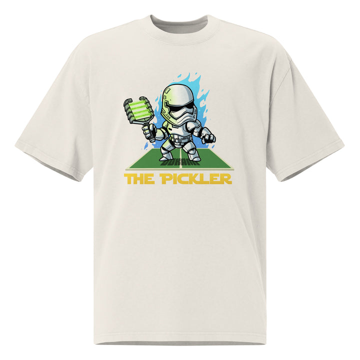 The Pickler faded pickleball T-shirt featuring a cartoon white-armored stormtrooper holding a green paddle with blue flames and court graphic