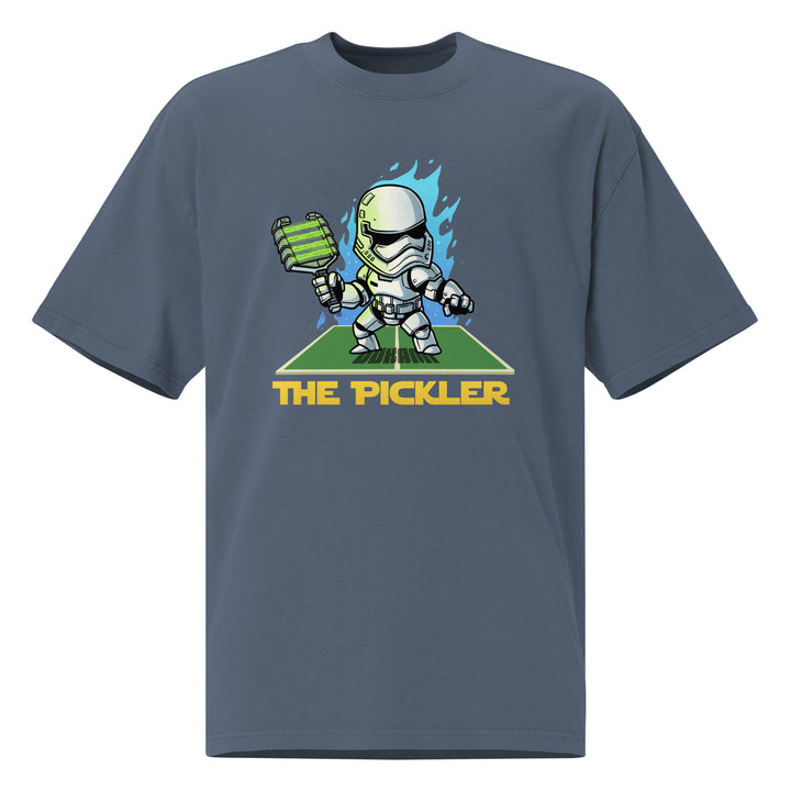 The Pickler faded pickleball T-shirt featuring a cartoon white-armored stormtrooper holding a green paddle with blue flames and court graphic