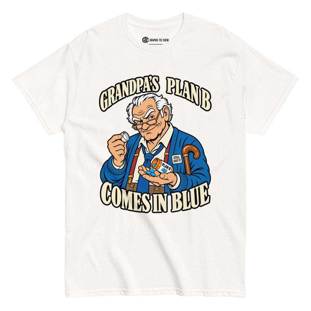 Grandpa’s Plan B Comes in Blue funny grandpa T-shirt with vintage cartoon graphic