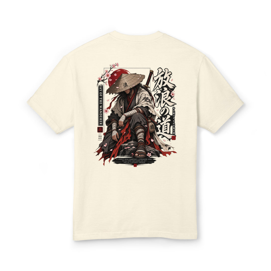 Way of the Wanderer ronin graphic tee with Japanese-inspired swordsman, cherry blossoms and red sun
